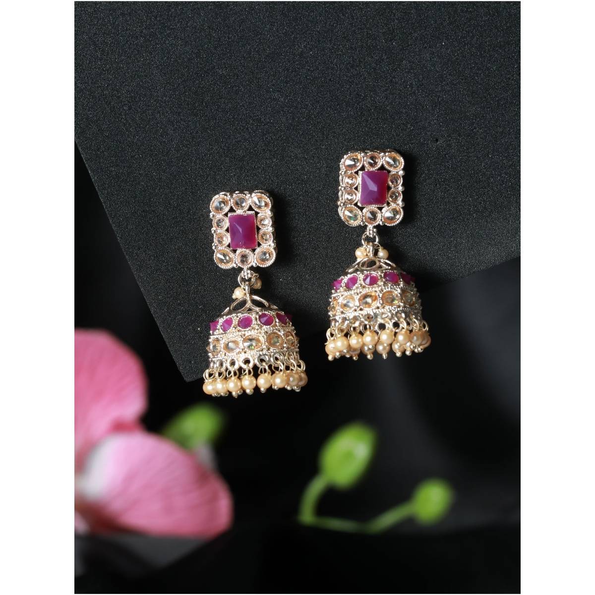 Aatmana Pink Coloured Gold Plated Ad Studded Handcrafted Square Shaped Jhumkas