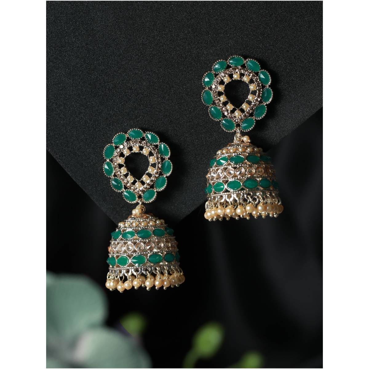 Aatmana Green and White Contemporary Jhumkas Earrings