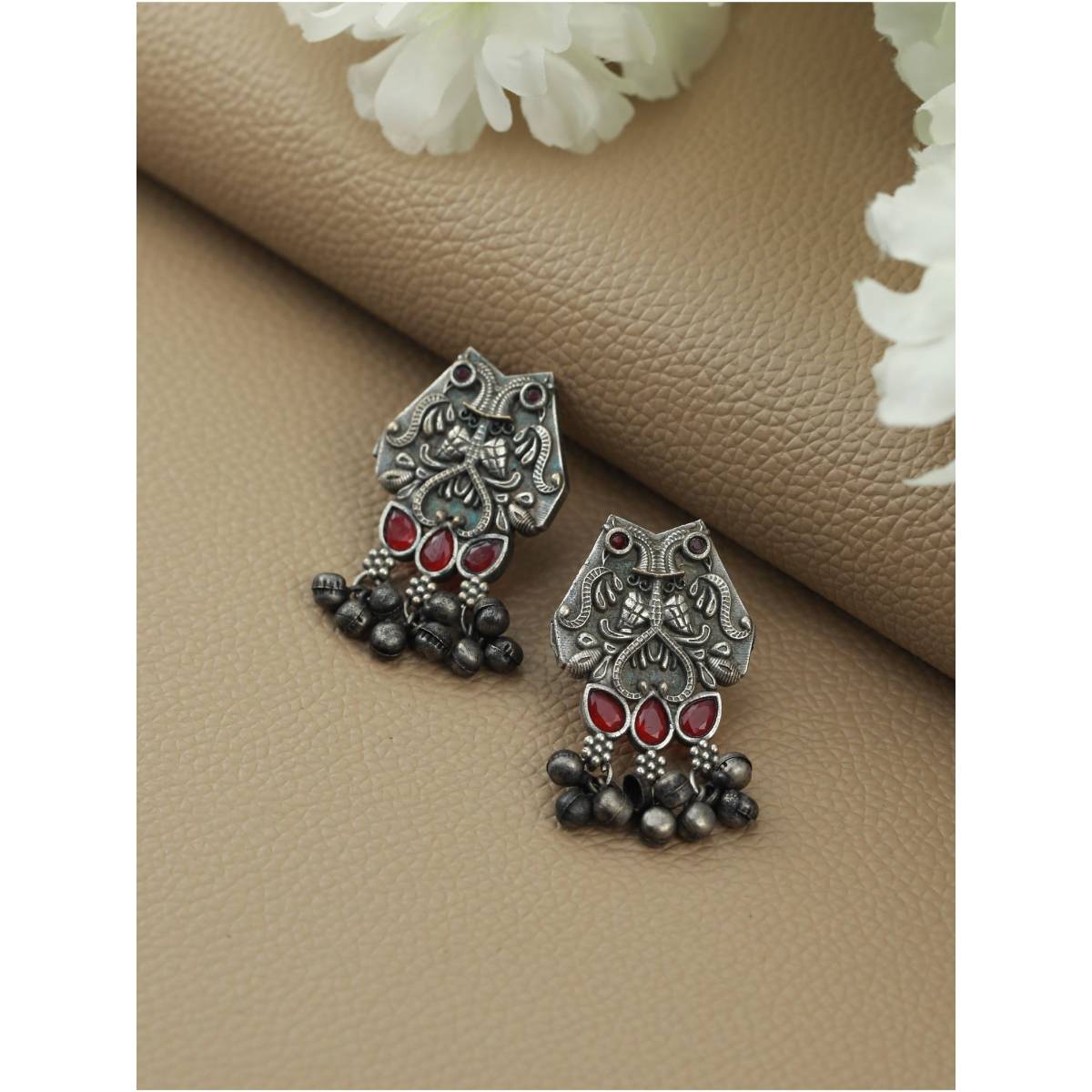 Aatmana Oxidised Silver Toned ,Red Stone Studded Contemporary Owl Shaped Drop Earrings