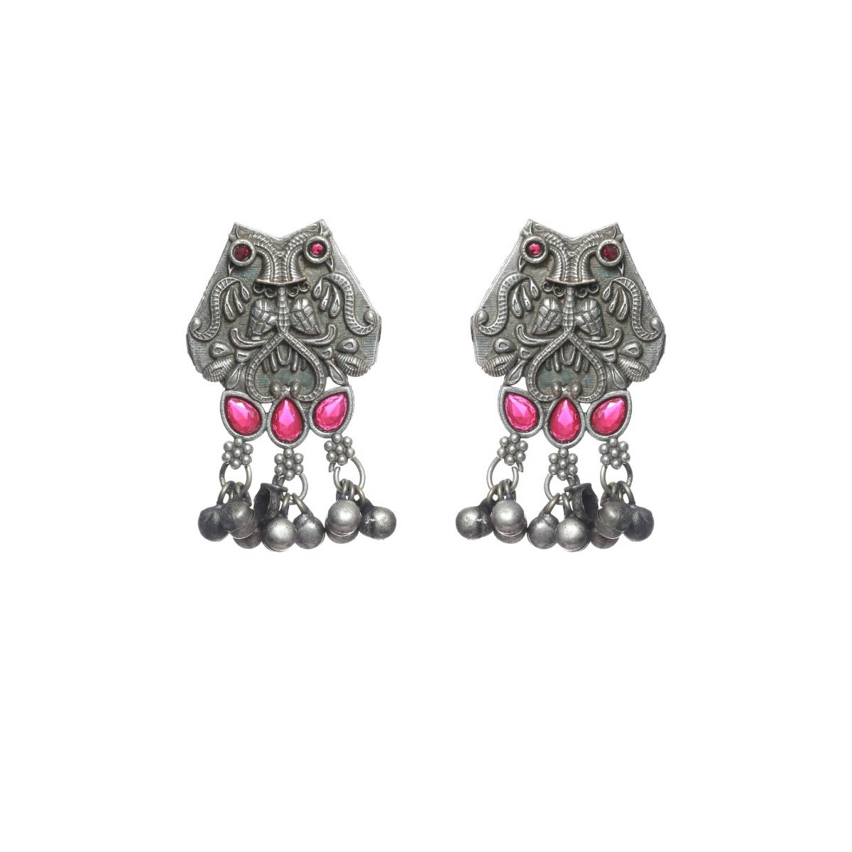 Aatmana Oxidised Silver Toned ,Red Stone Studded Contemporary Owl Shaped Drop Earrings
