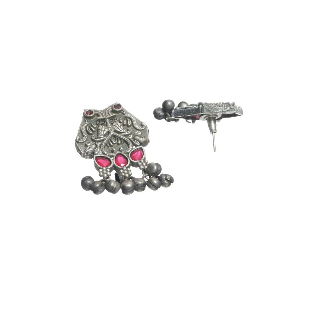 Aatmana Oxidised Silver Toned ,Red Stone Studded Contemporary Owl Shaped Drop Earrings