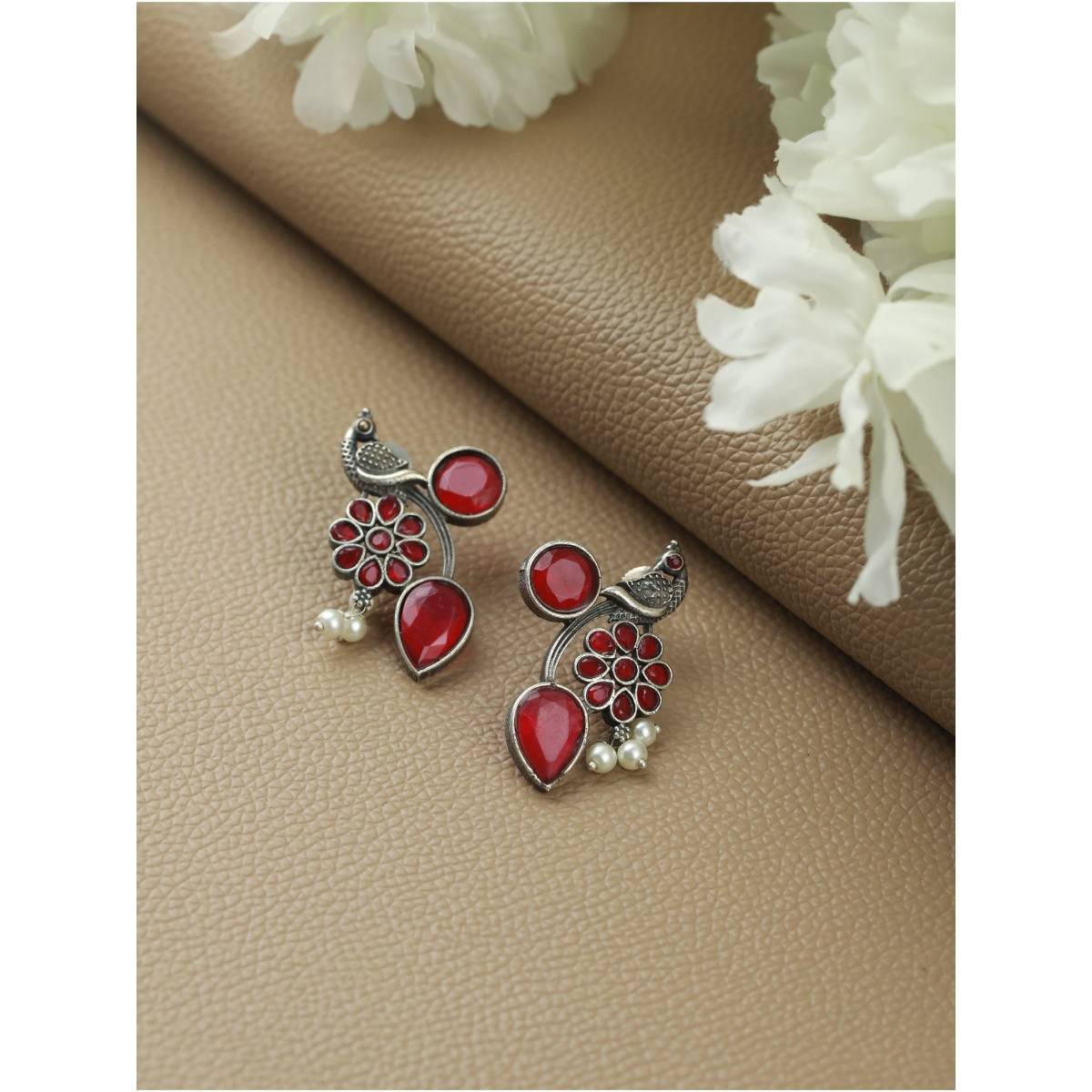 Aatmana Silver Toned Oxidised Pink Stone Studded Contemporary Peacock Shaped Drop Earrings