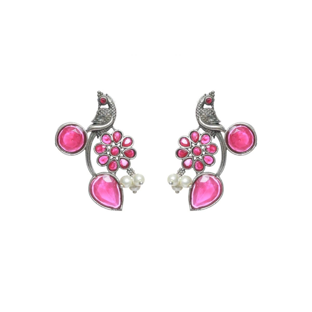 Aatmana Silver Toned Oxidised Pink Stone Studded Contemporary Peacock Shaped Drop Earrings