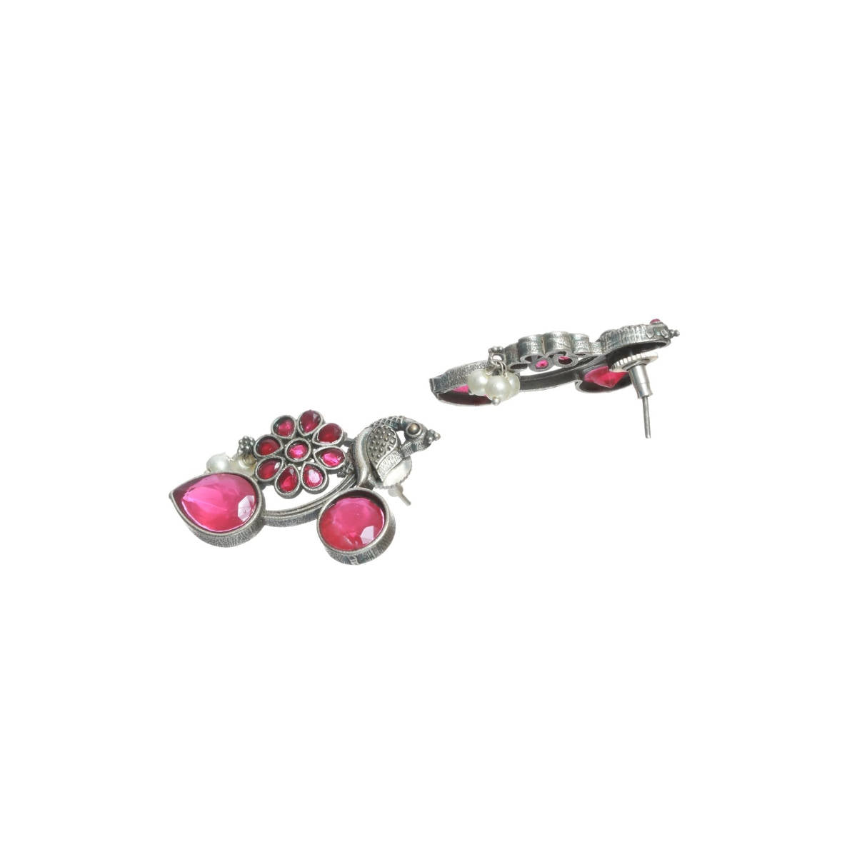 Aatmana Silver Toned Oxidised Pink Stone Studded Contemporary Peacock Shaped Drop Earrings