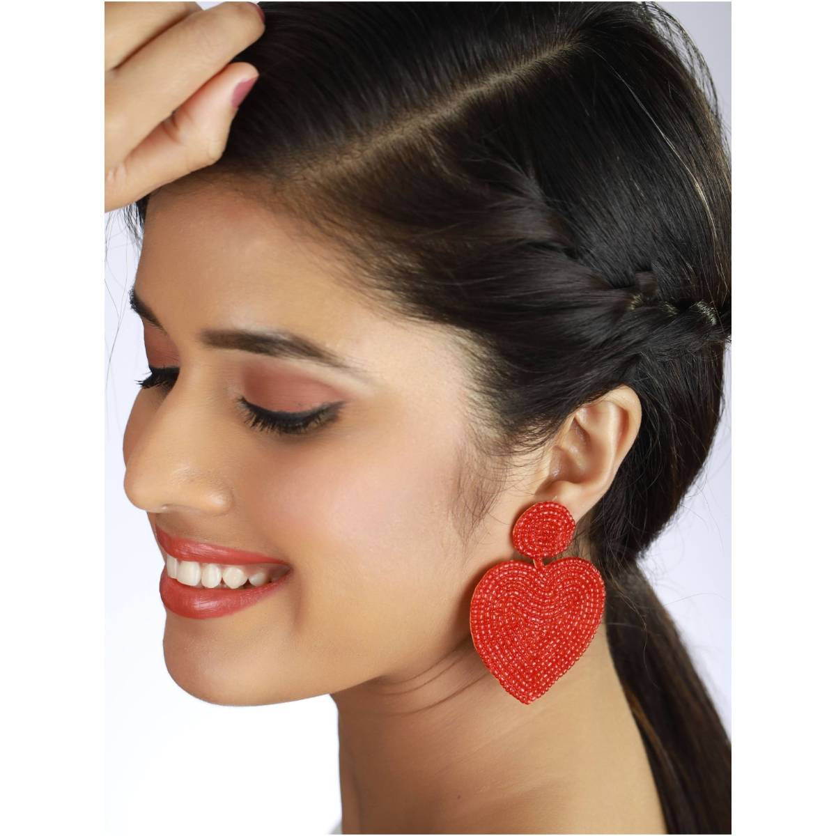 Aatmana Handwoven Beads and Red Heart Shaped Contemporary Design Handcrafted Drop Earrings
