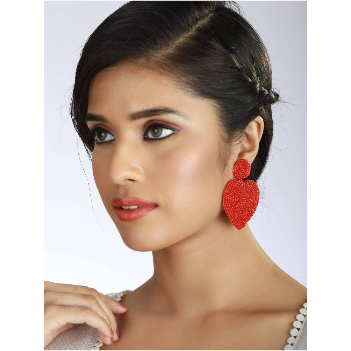 Aatmana Handwoven Beads and Red Heart Shaped Contemporary Design Handcrafted Drop Earrings