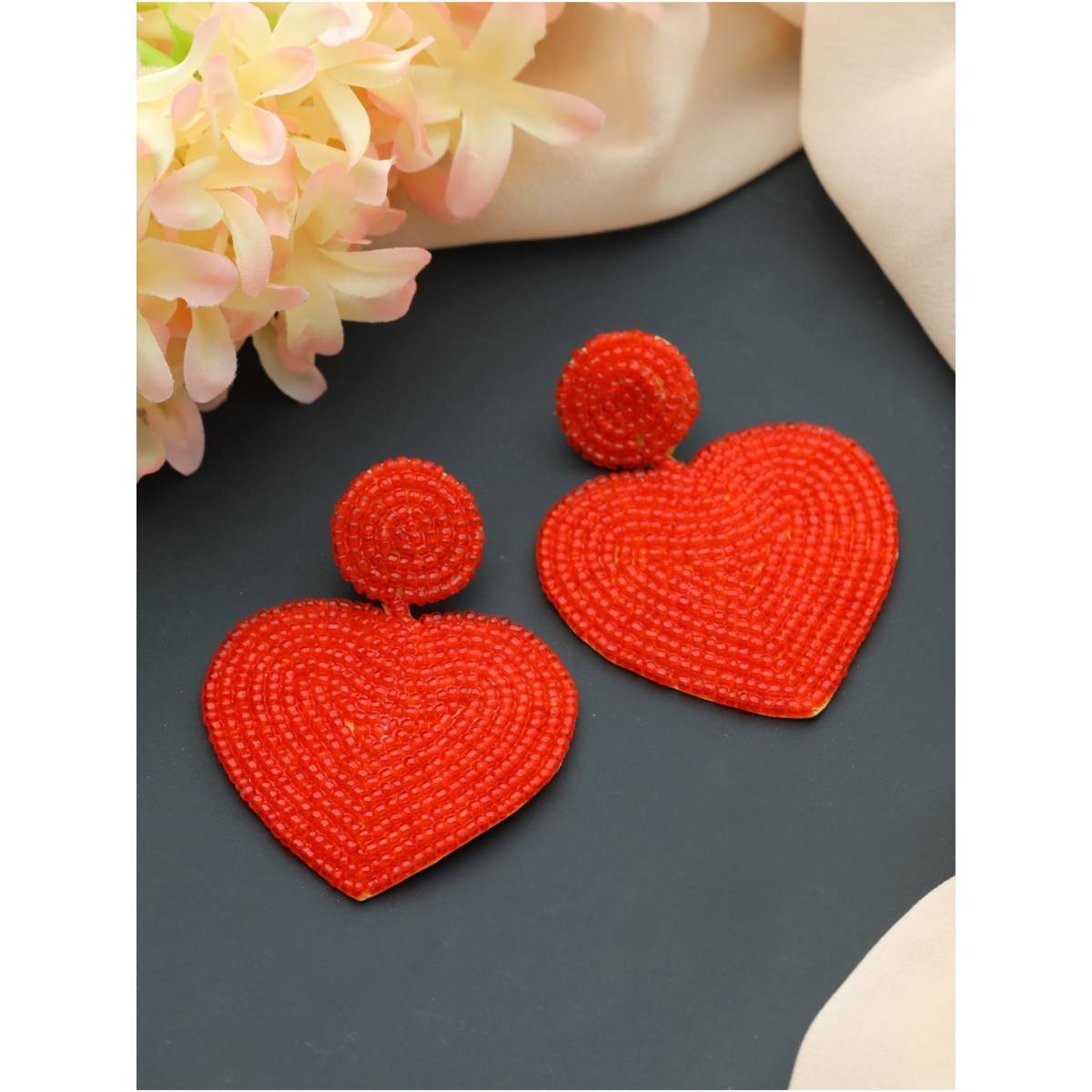 Aatmana Handwoven Beads and Red Heart Shaped Contemporary Design Handcrafted Drop Earrings