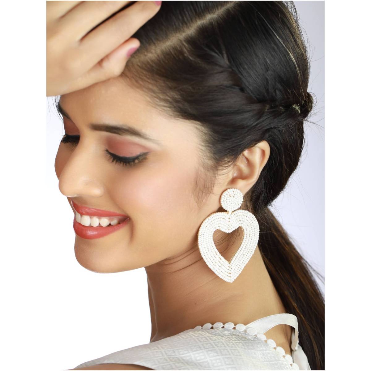 Aatmana Handwoven Beads and White Heart Shaped Contemporary Handcrafted Drop Earrings