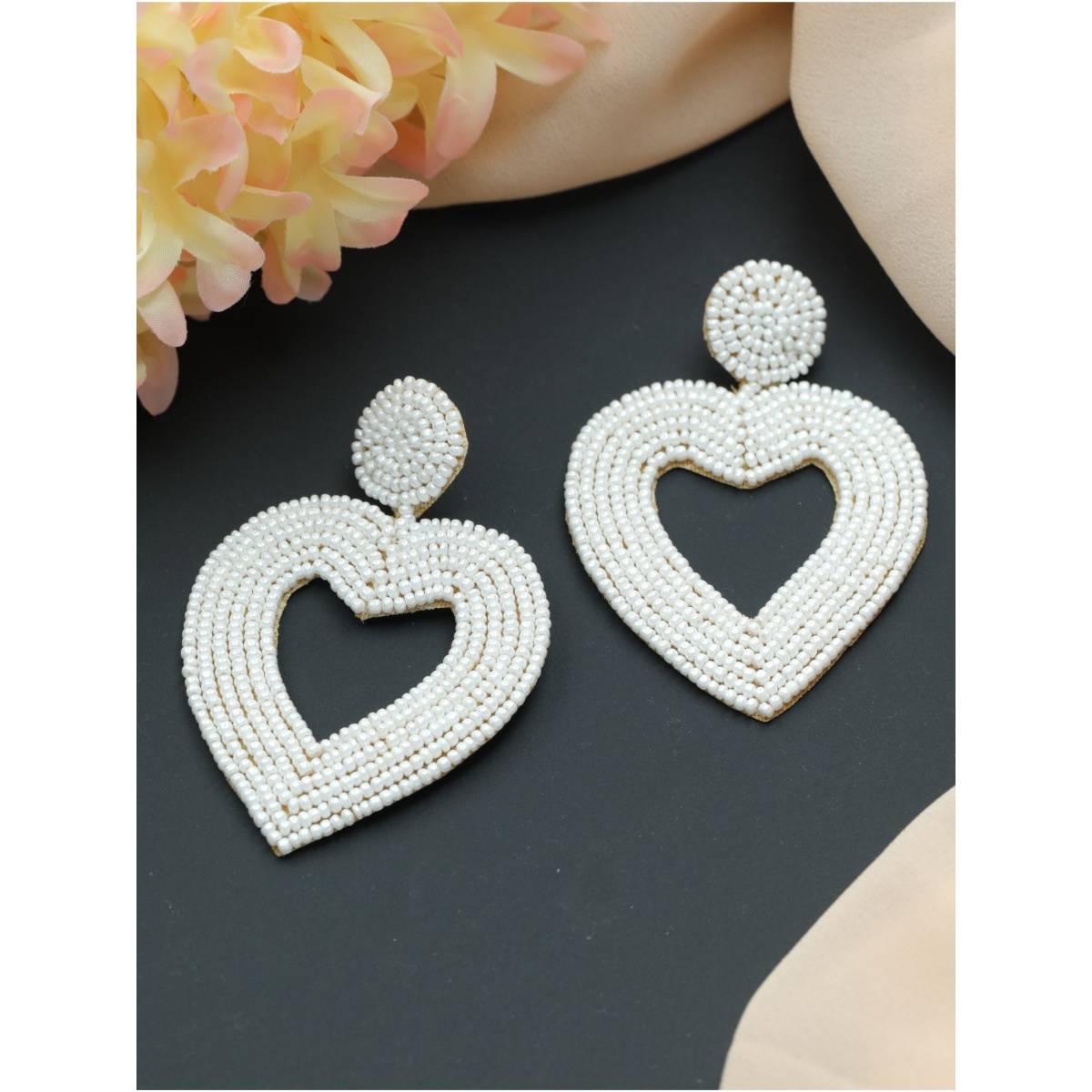 Aatmana Handwoven Beads and White Heart Shaped Contemporary Handcrafted Drop Earrings