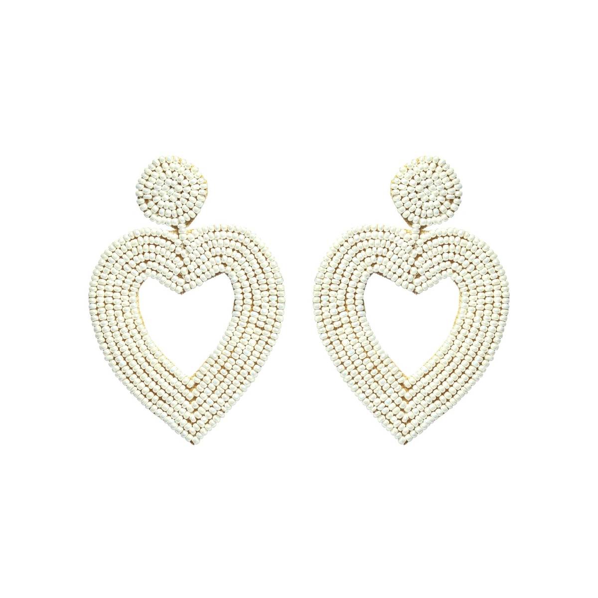 Aatmana Handwoven Beads and White Heart Shaped Contemporary Handcrafted Drop Earrings