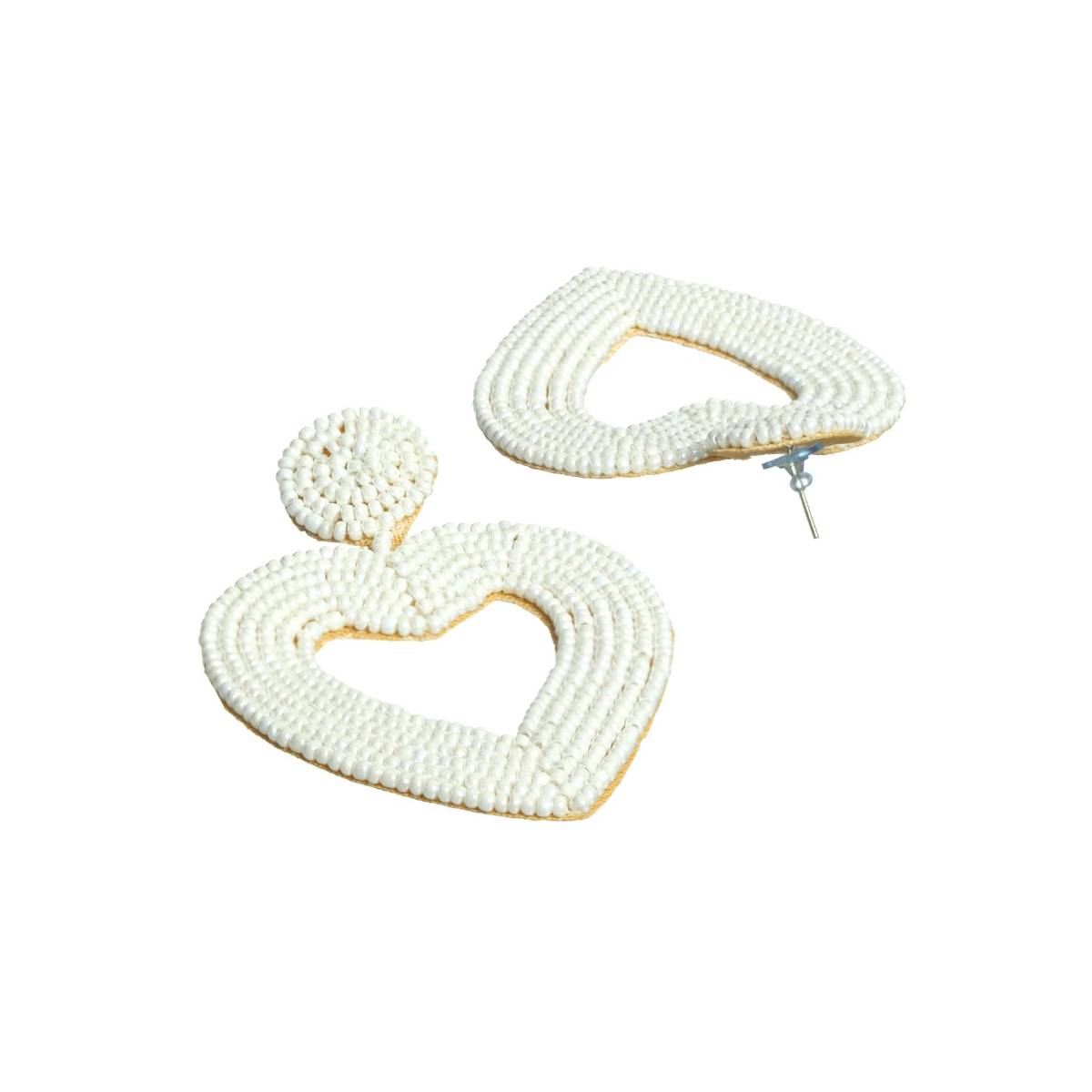 Aatmana Handwoven Beads and White Heart Shaped Contemporary Handcrafted Drop Earrings