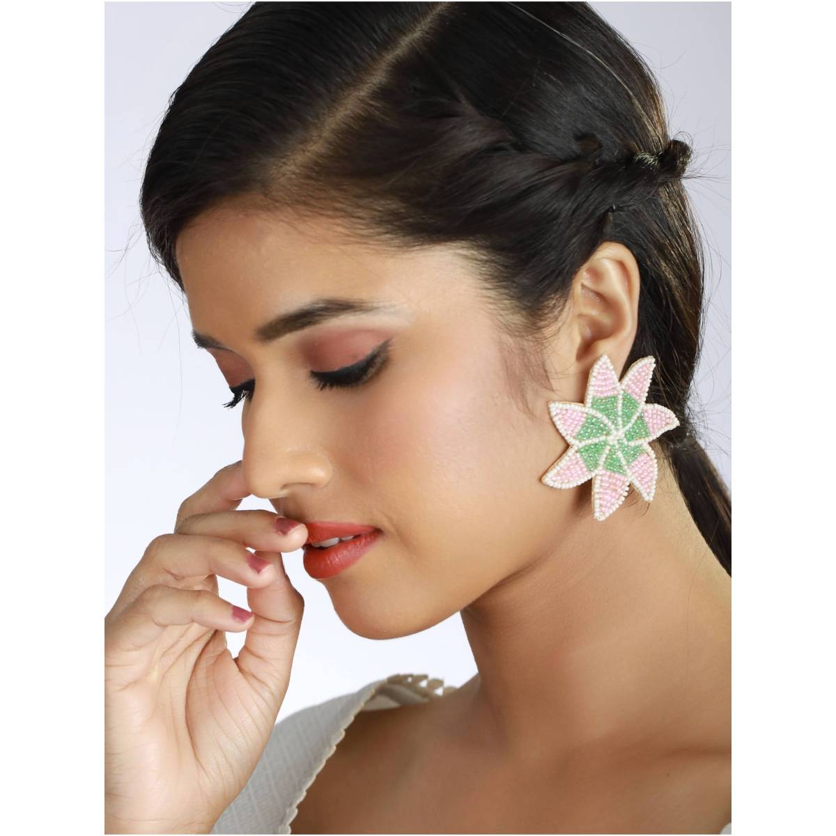 Aatmana Woman Pink and Green Star Shaped Embroidered Stud Earrings · One Size