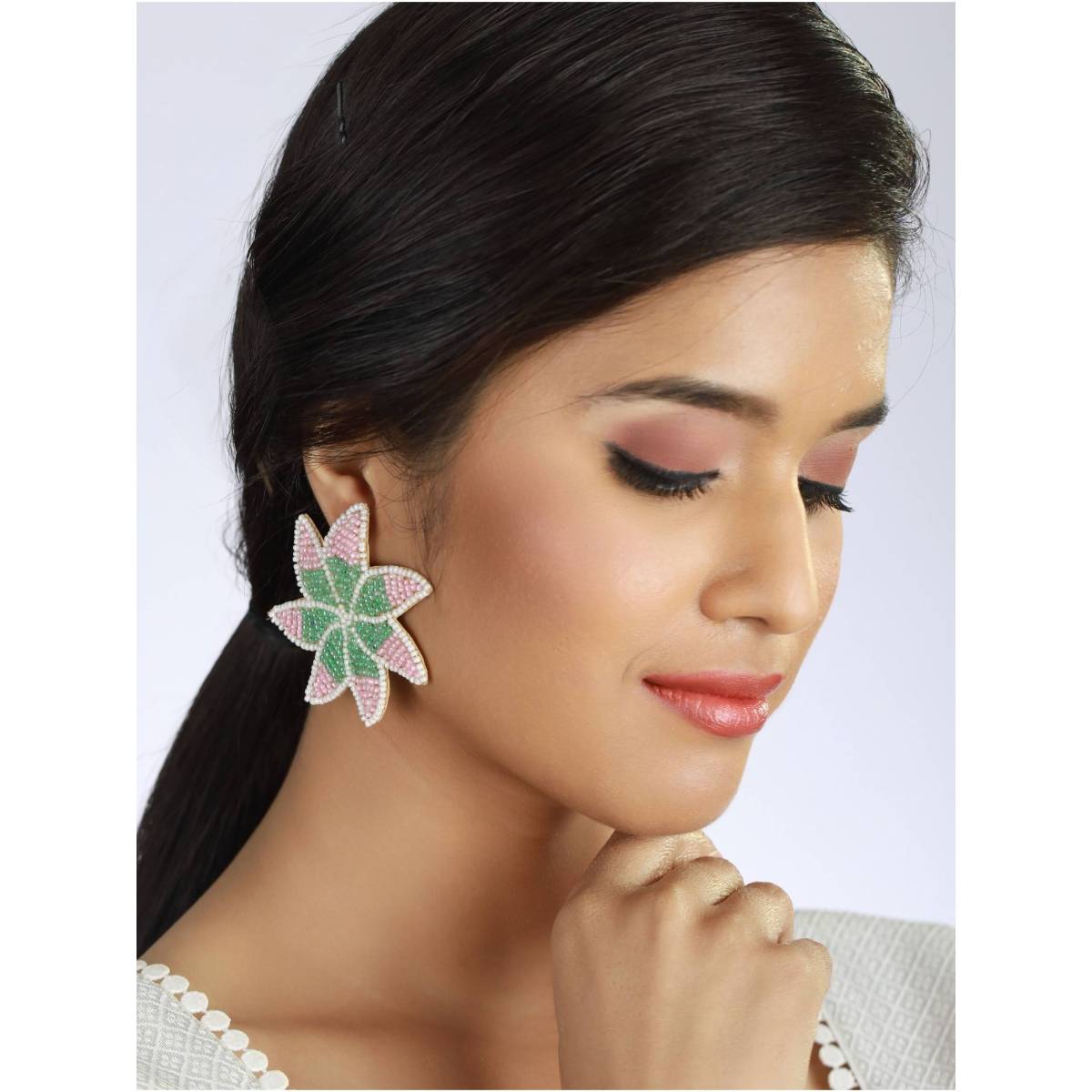 Aatmana Woman Pink and Green Star Shaped Embroidered Stud Earrings · One Size