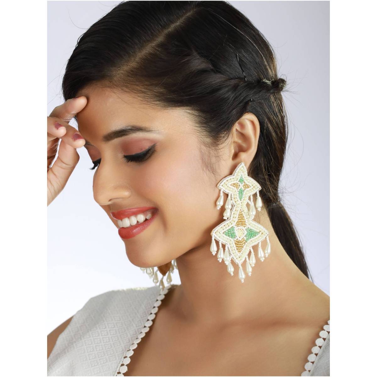 Aatmana White Handwoven Beads and Green and Gold Studded Handcrafted Drop Earrings