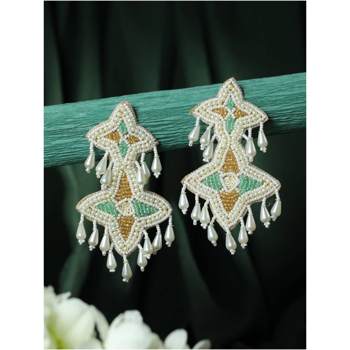 Aatmana White Handwoven Beads and Green and Gold Studded Handcrafted Drop Earrings