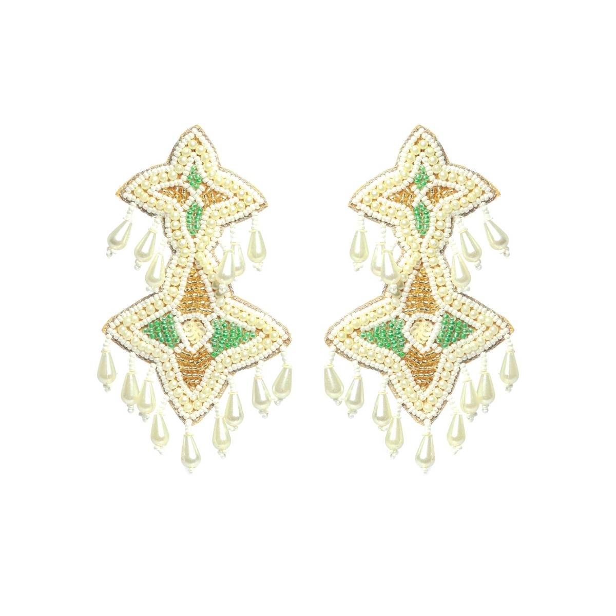 Aatmana White Handwoven Beads and Green and Gold Studded Handcrafted Drop Earrings