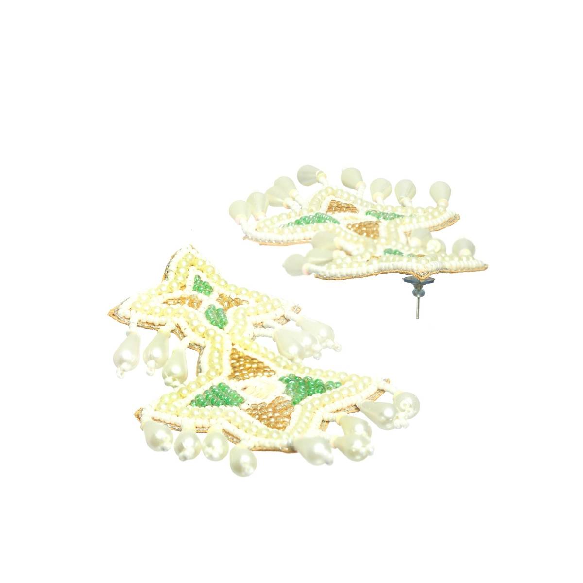 Aatmana White Handwoven Beads and Green and Gold Studded Handcrafted Drop Earrings