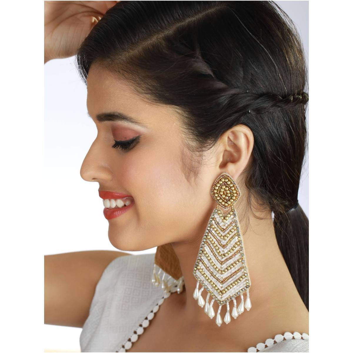 Aatmana Gold Plated White and Gold Handcrafted Contemporary Drop Earrings