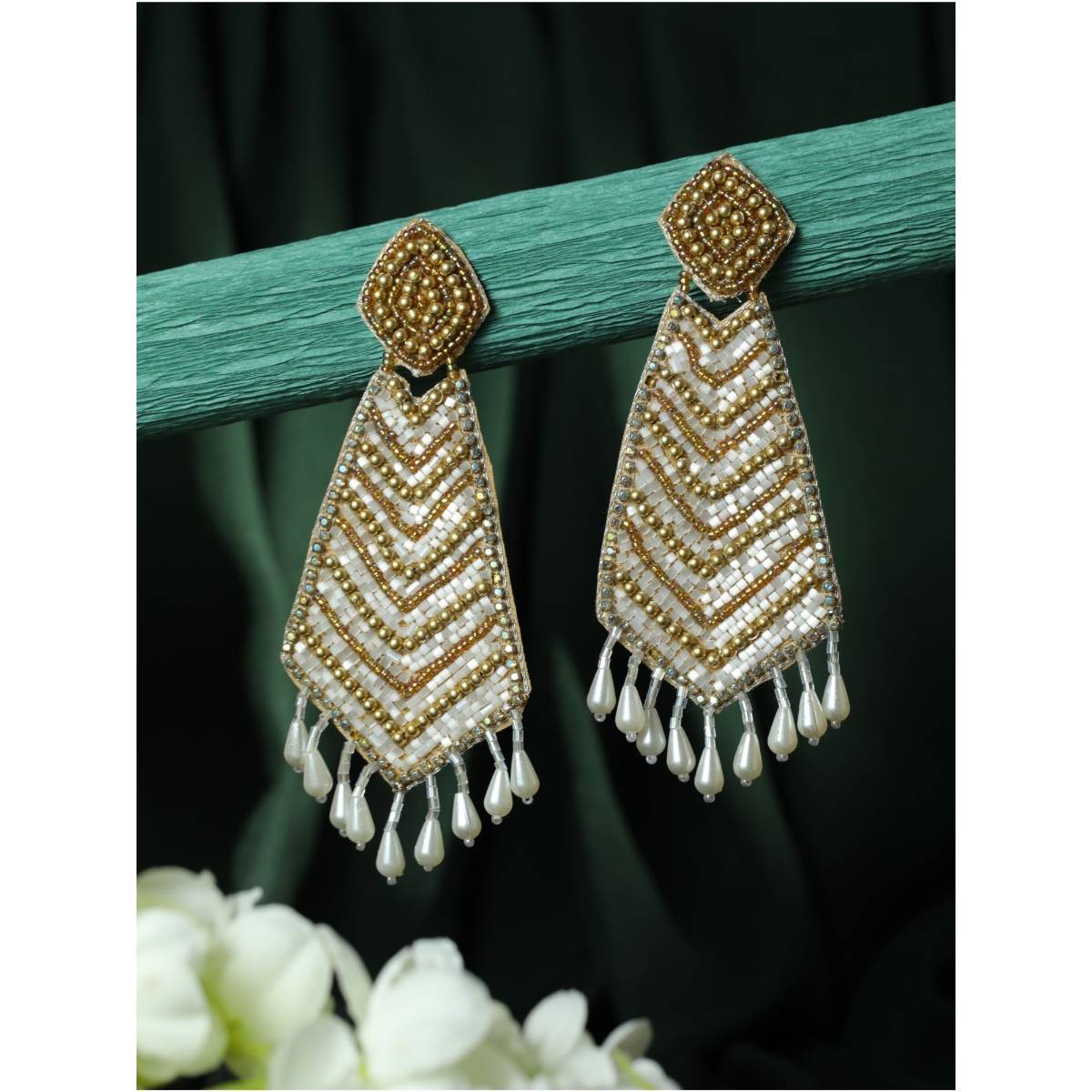 Aatmana Gold Plated White and Gold Handcrafted Contemporary Drop Earrings