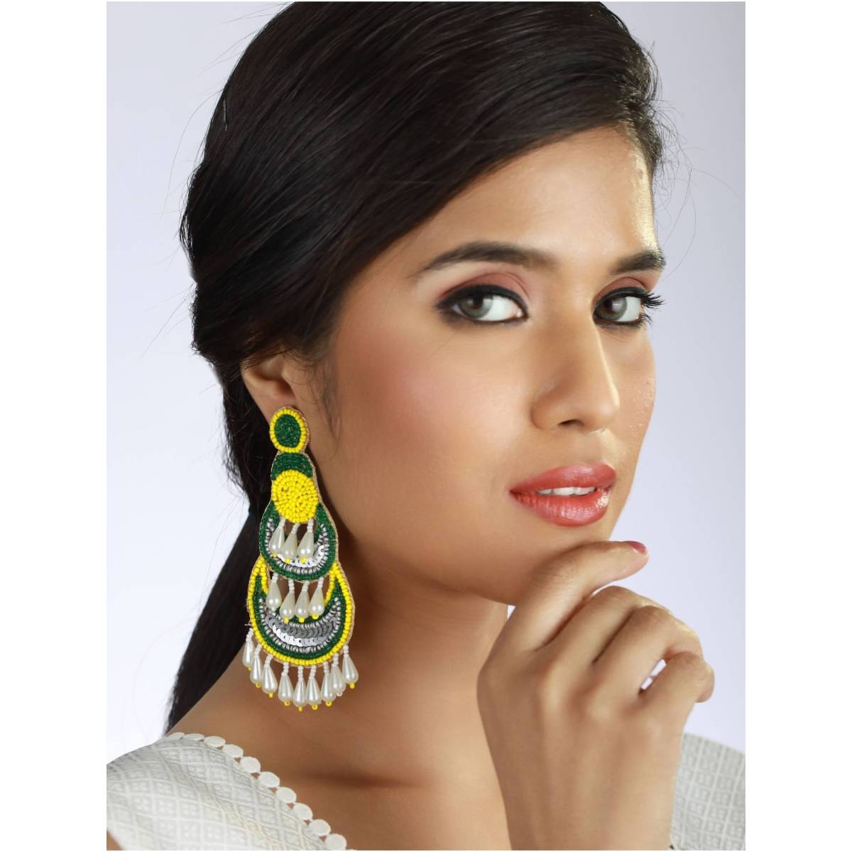 Aatmana Yellow Green Beads and Pearls Studded Contemporary Handcrafted Chandbali Earrings