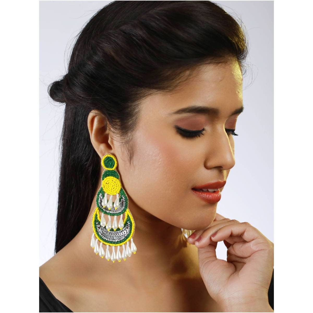 Aatmana Yellow Green Beads and Pearls Studded Contemporary Handcrafted Chandbali Earrings