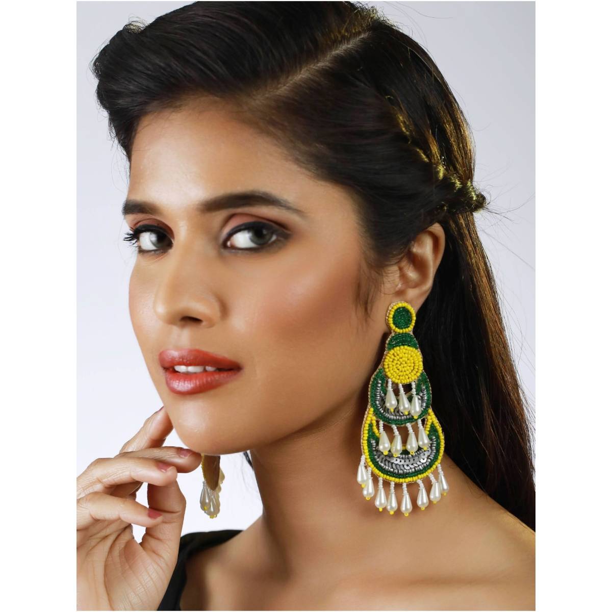 Aatmana Yellow Green Beads and Pearls Studded Contemporary Handcrafted Chandbali Earrings