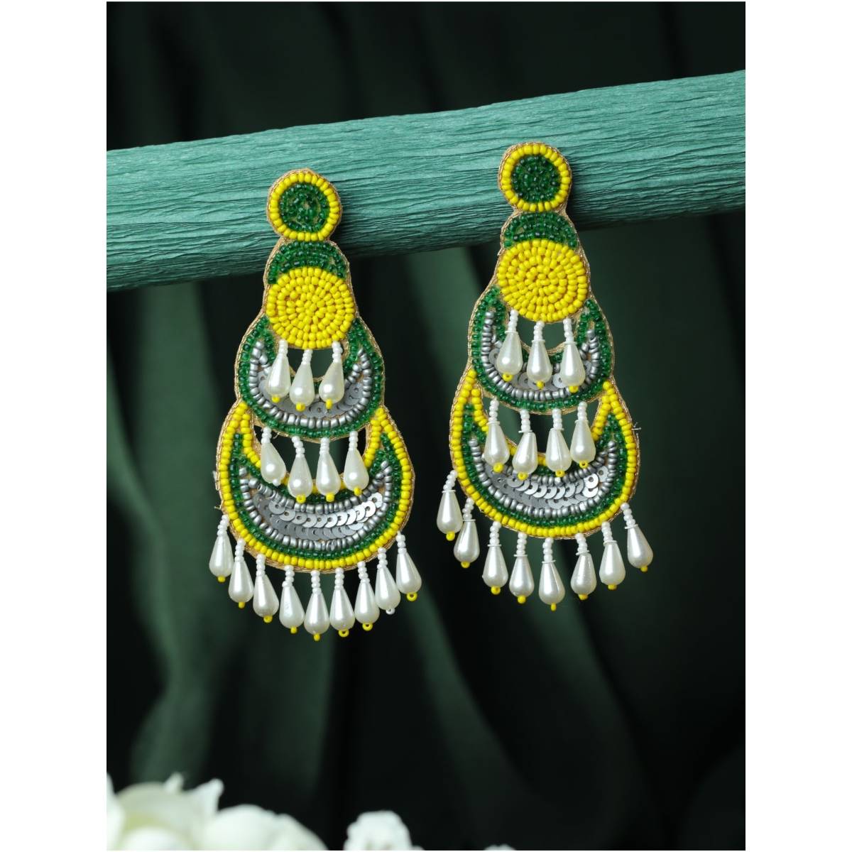 Aatmana Yellow Green Beads and Pearls Studded Contemporary Handcrafted Chandbali Earrings