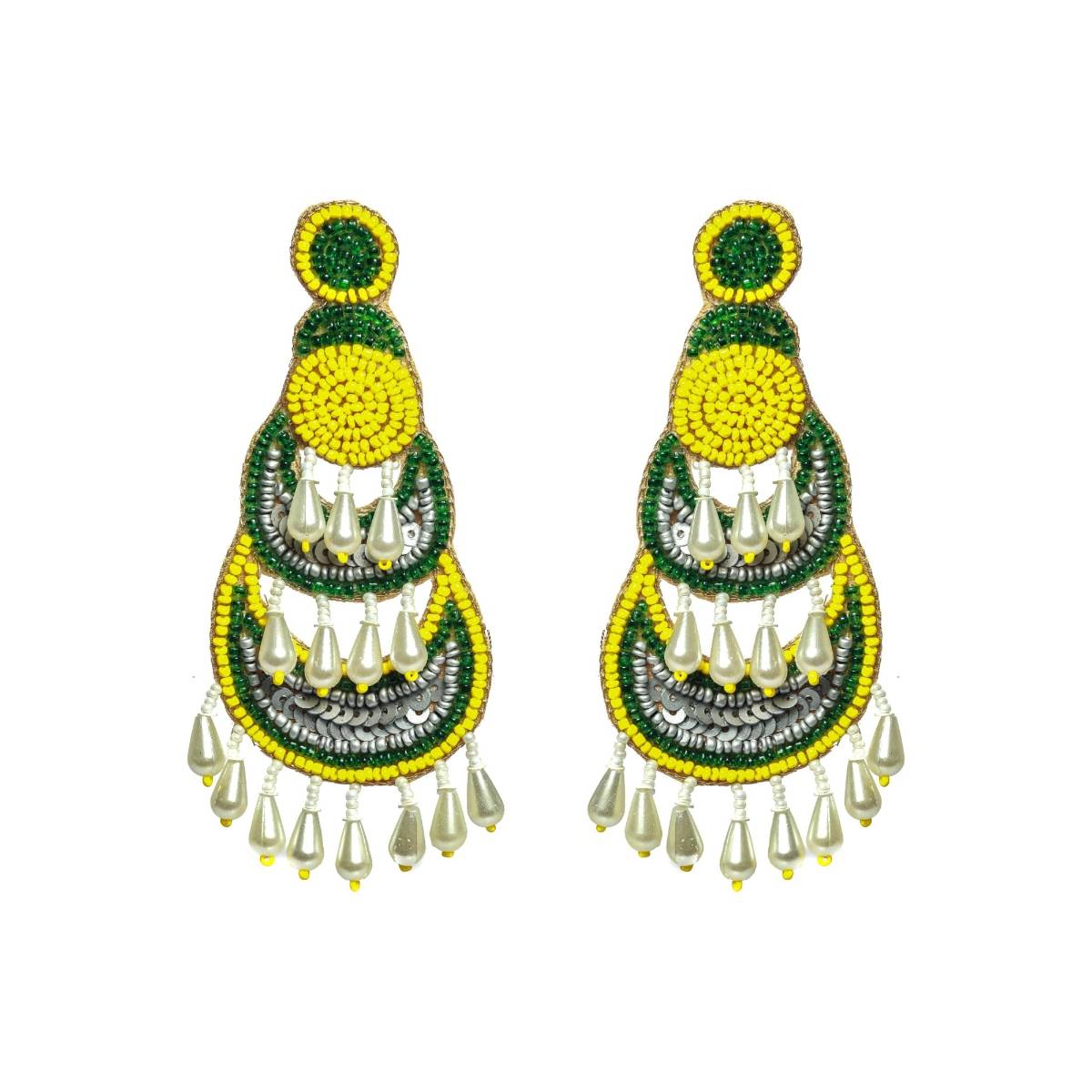 Aatmana Yellow Green Beads and Pearls Studded Contemporary Handcrafted Chandbali Earrings