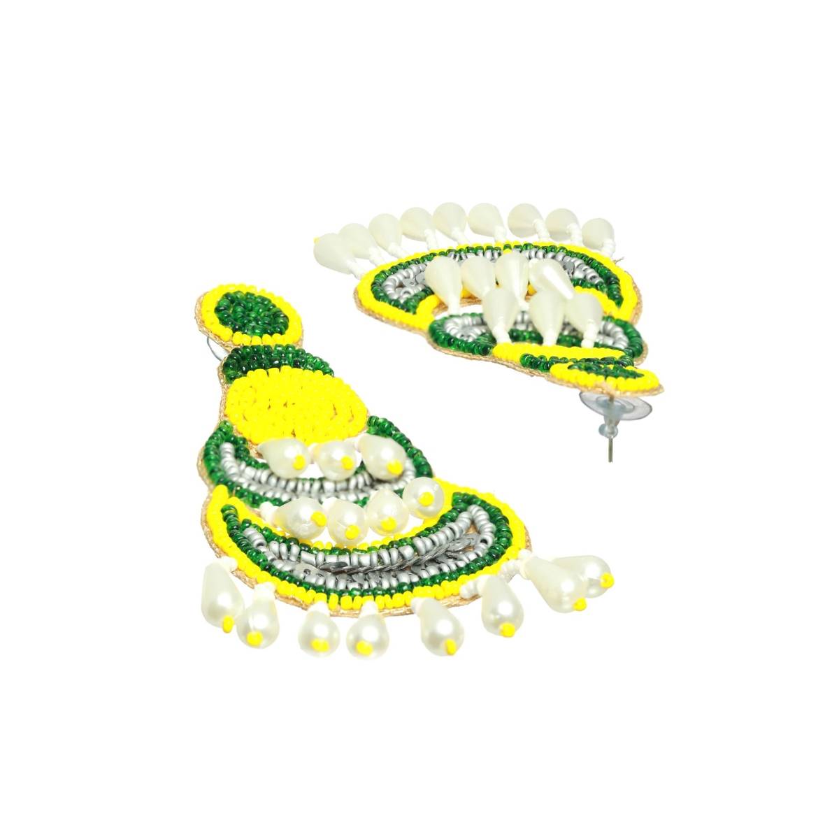 Aatmana Yellow Green Beads and Pearls Studded Contemporary Handcrafted Chandbali Earrings