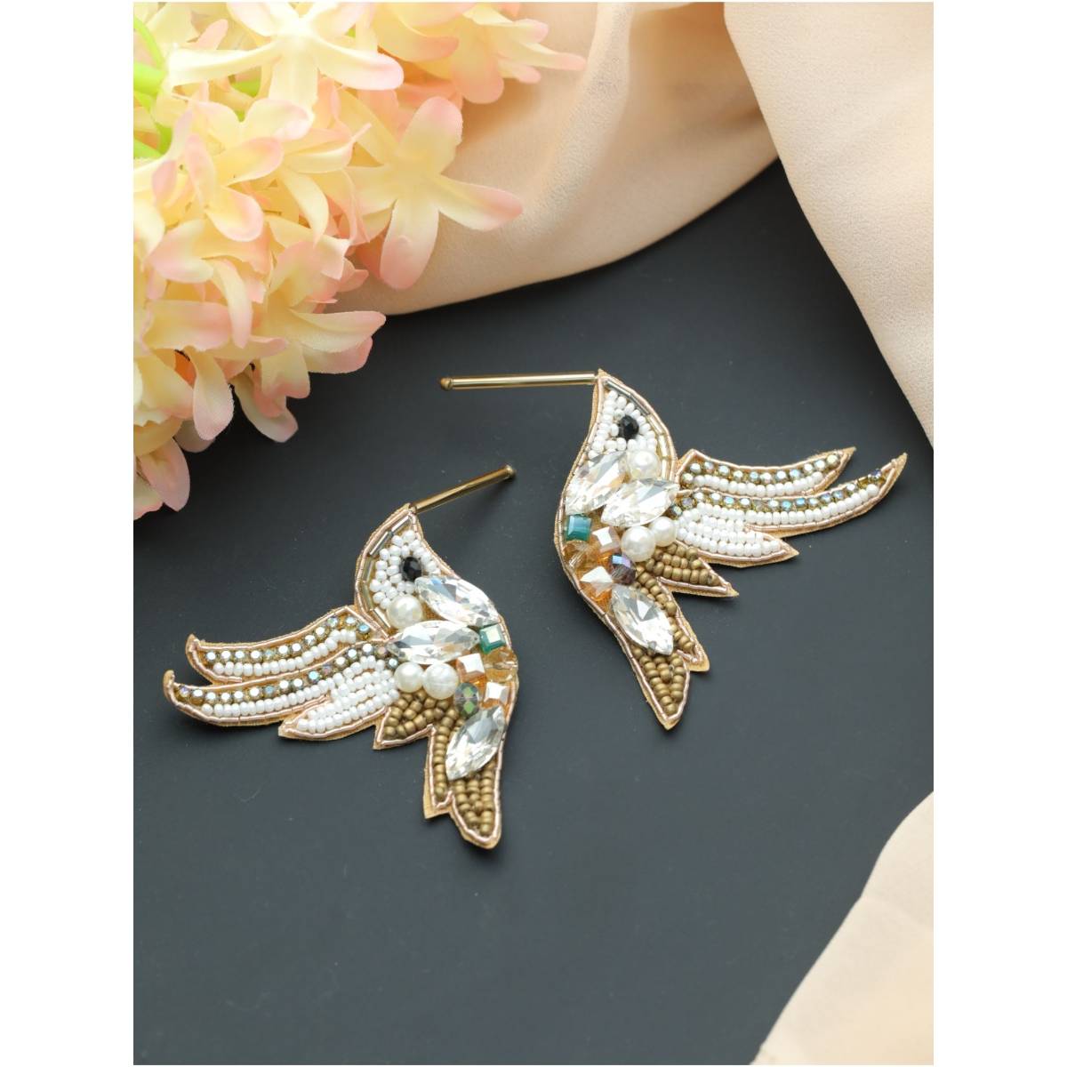 Aatmana Gold Toned Beads and White Crystals Studded Contemporary Bird Shaped Earrings