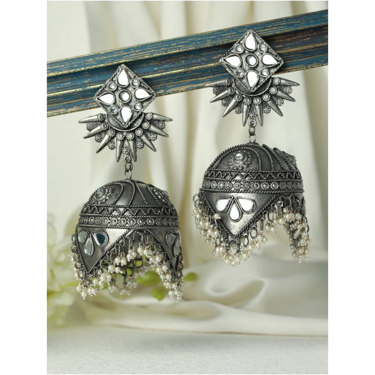 Aatmana Silver Plated Antique Handcrafted Mirrored Dome Shaped Jhumkas Earrings