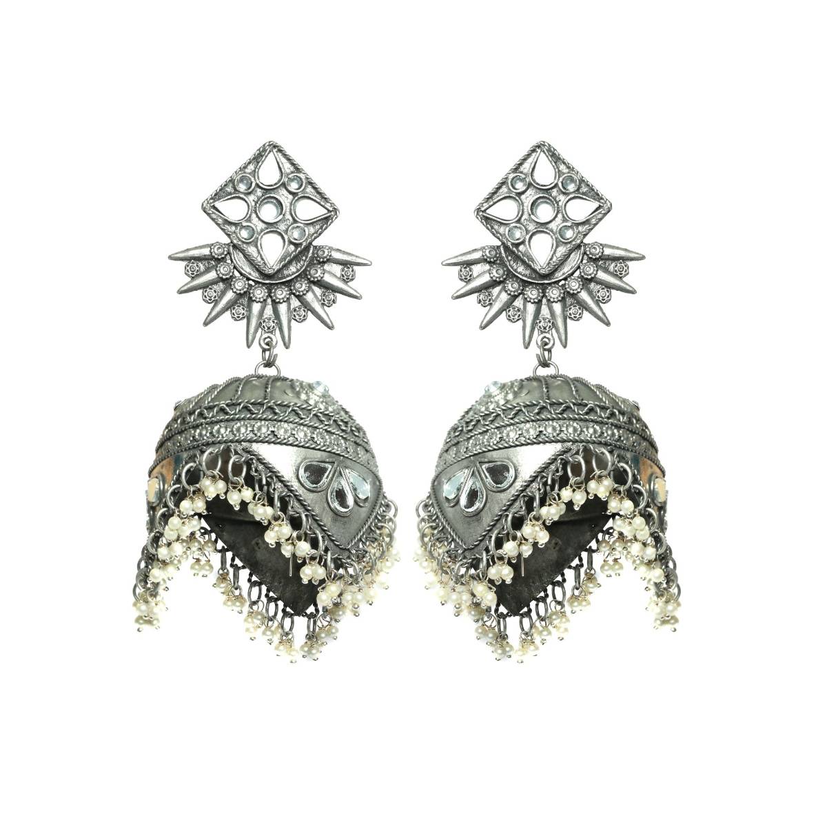 Aatmana Silver Plated Antique Handcrafted Mirrored Dome Shaped Jhumkas Earrings