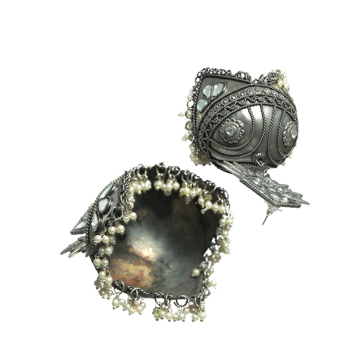 Aatmana Silver Plated Antique Handcrafted Mirrored Dome Shaped Jhumkas Earrings