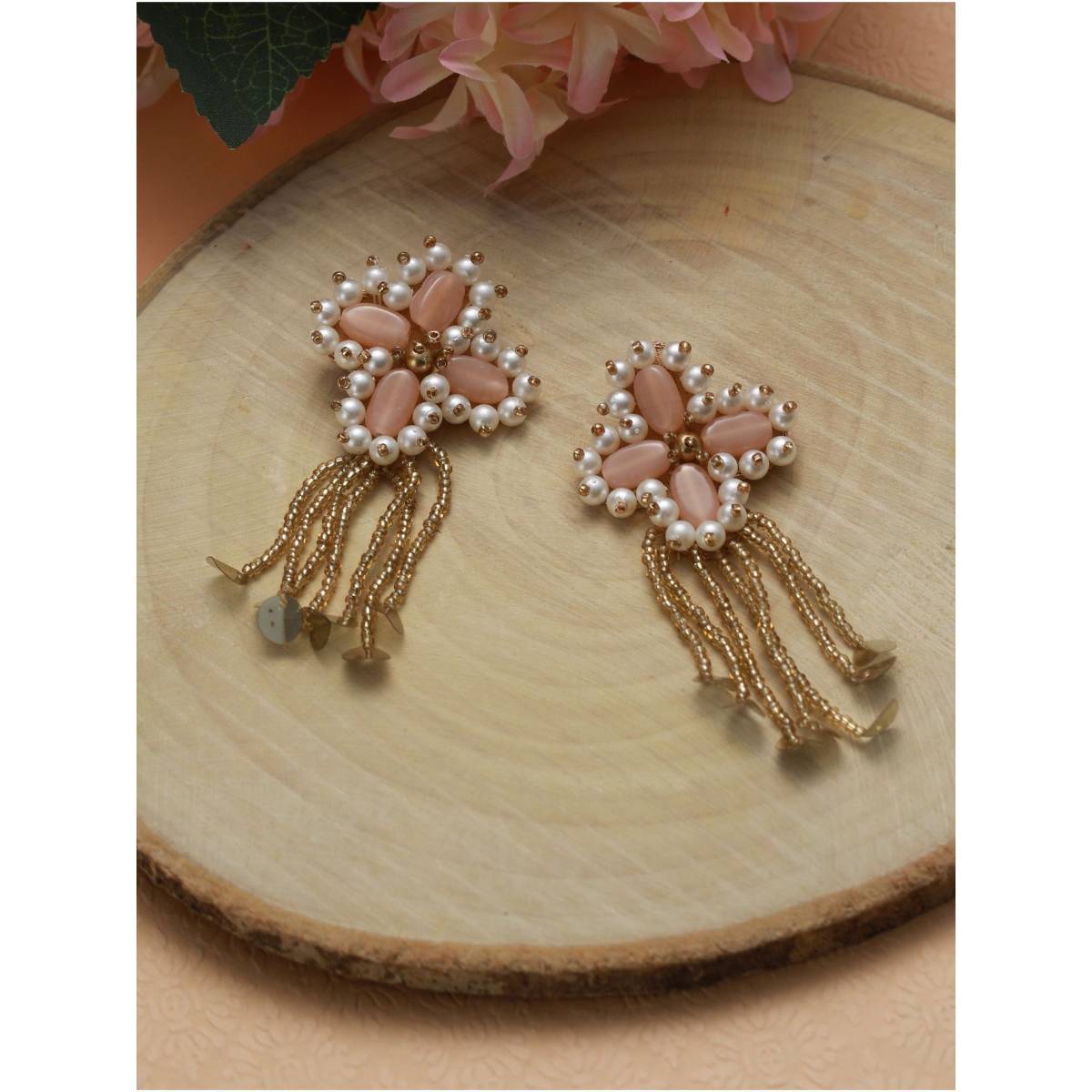 Aatmana Peach and Gold Beaded Drop Earrings