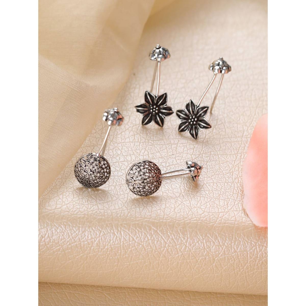 Aatmana Set of 2 Silver Toned and Floral Ear Cuff Earrings