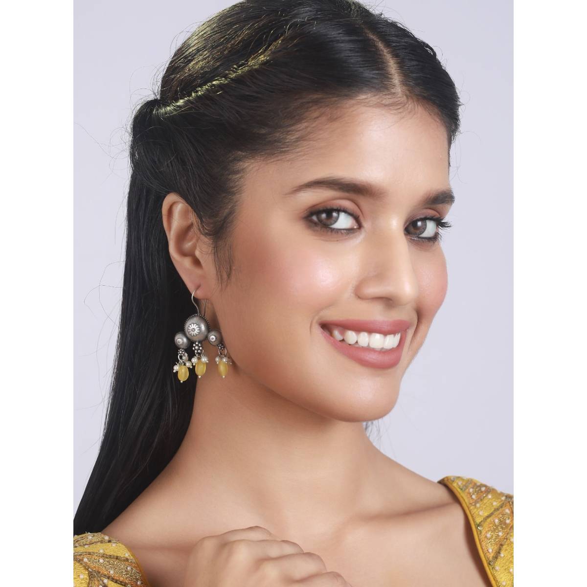 Aatmana Silver Plated and Stone Studded and Beaded Contemporary Drop Earrings