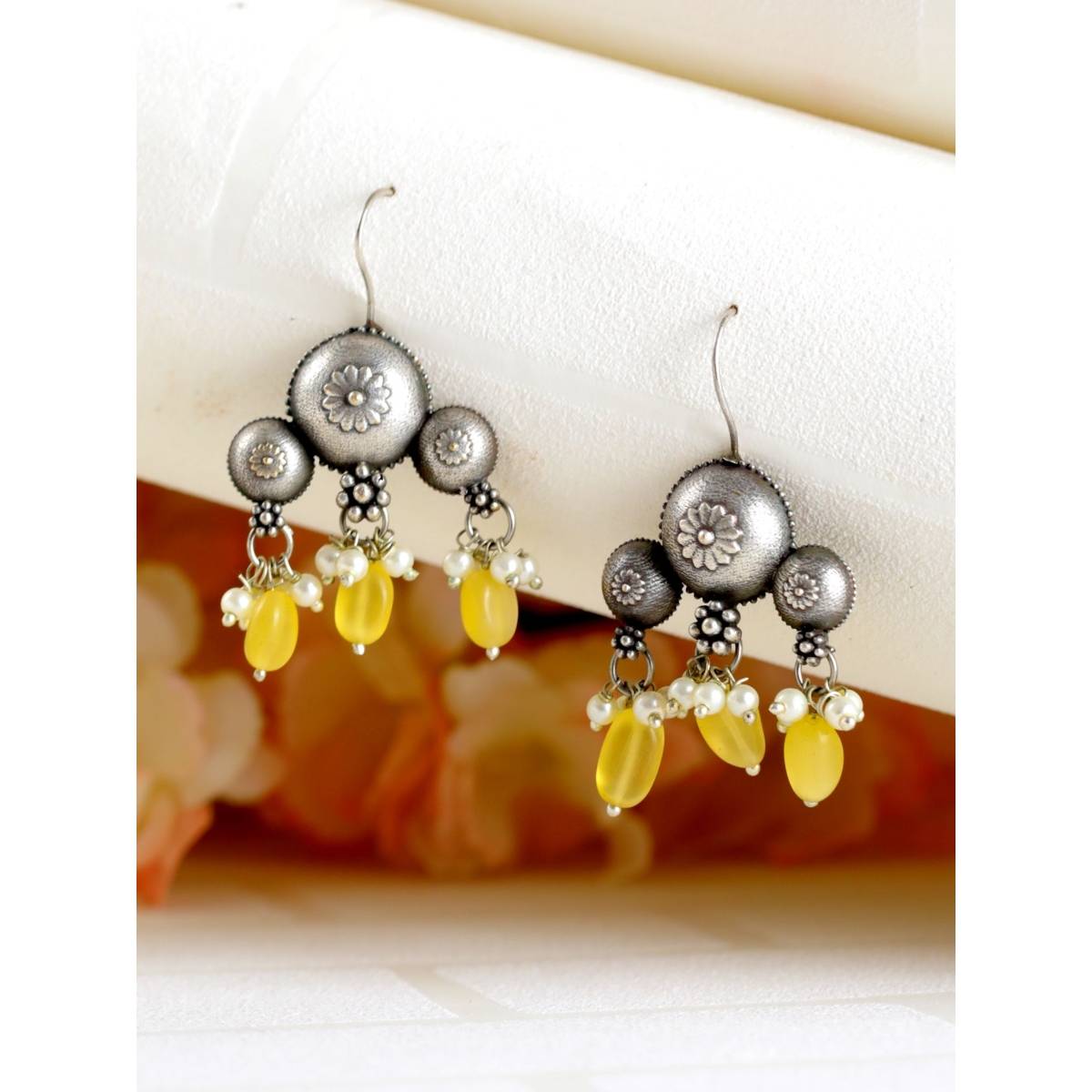 Aatmana Silver Plated and Stone Studded and Beaded Contemporary Drop Earrings