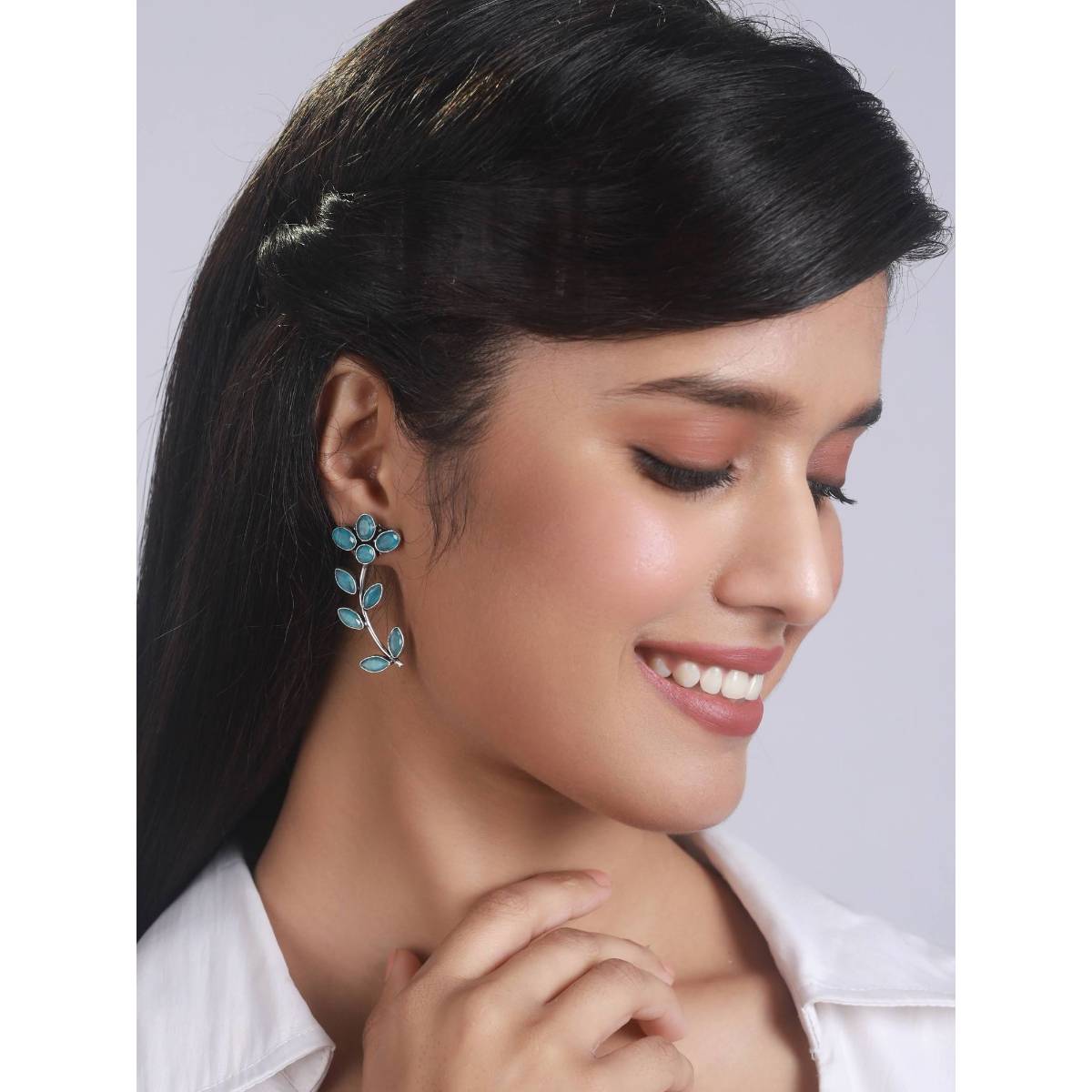 Aatmana Blue Silver Plated Handcrafted Leaf Shaped Drop Earrings · One Size