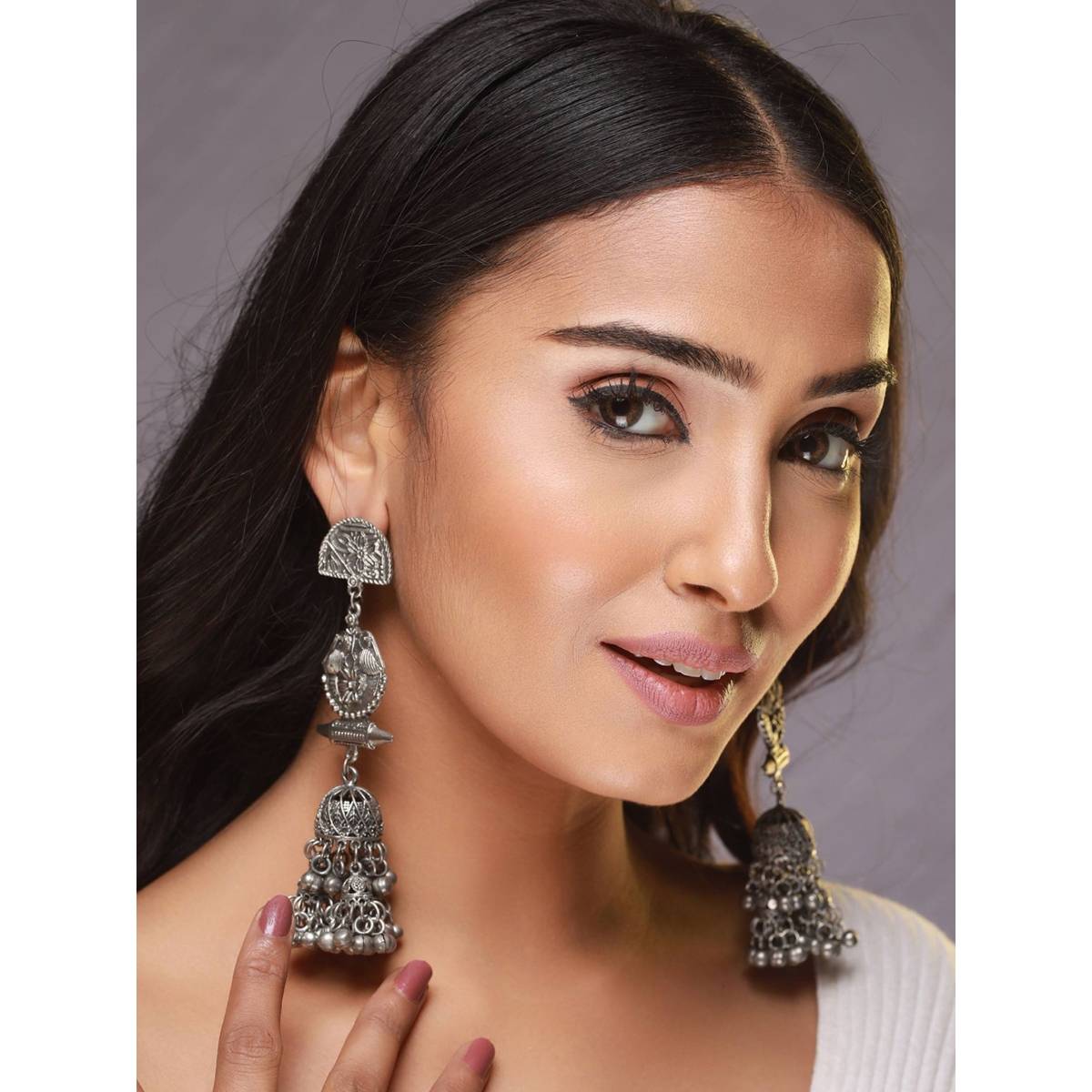 Aatmana Gunmetal Toned and Silver Plated Dome Shaped Jhumkas Earrings