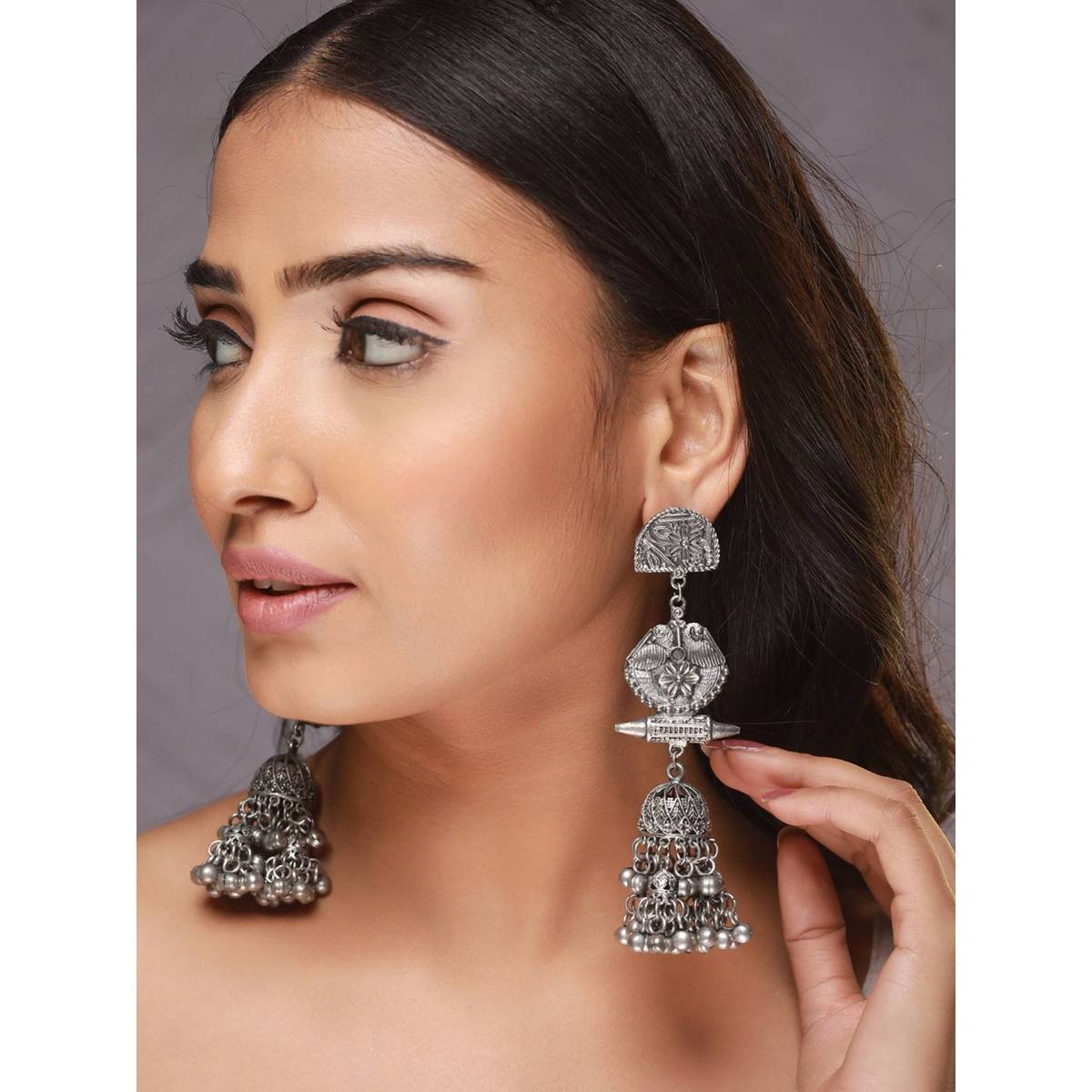 Aatmana Gunmetal Toned and Silver Plated Dome Shaped Jhumkas Earrings