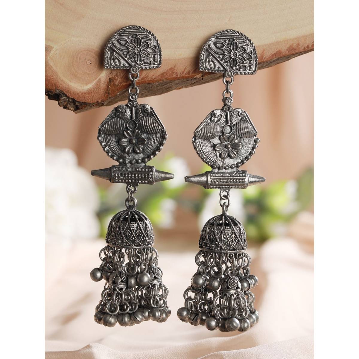 Aatmana Gunmetal Toned and Silver Plated Dome Shaped Jhumkas Earrings