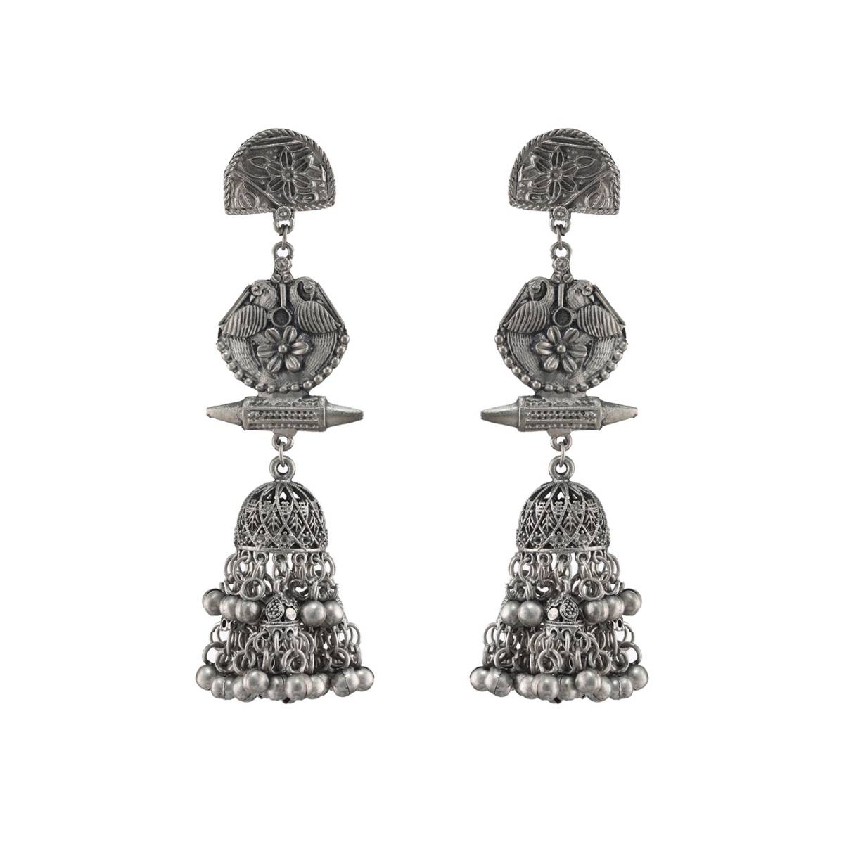 Aatmana Gunmetal Toned and Silver Plated Dome Shaped Jhumkas Earrings