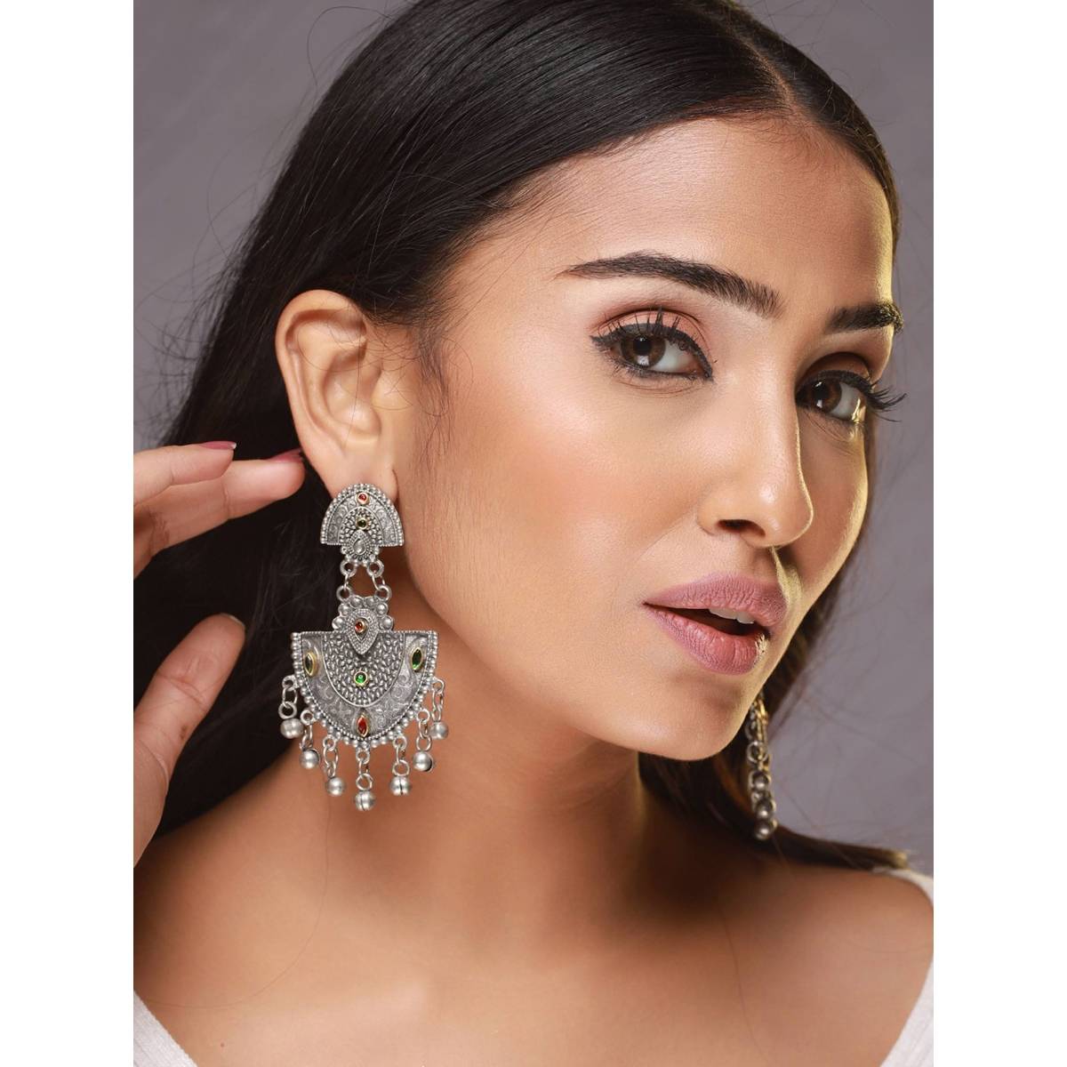 Aatmana Silver Toned Red and Green Kundan Studded Ghungroo Drop Earrings · One Size
