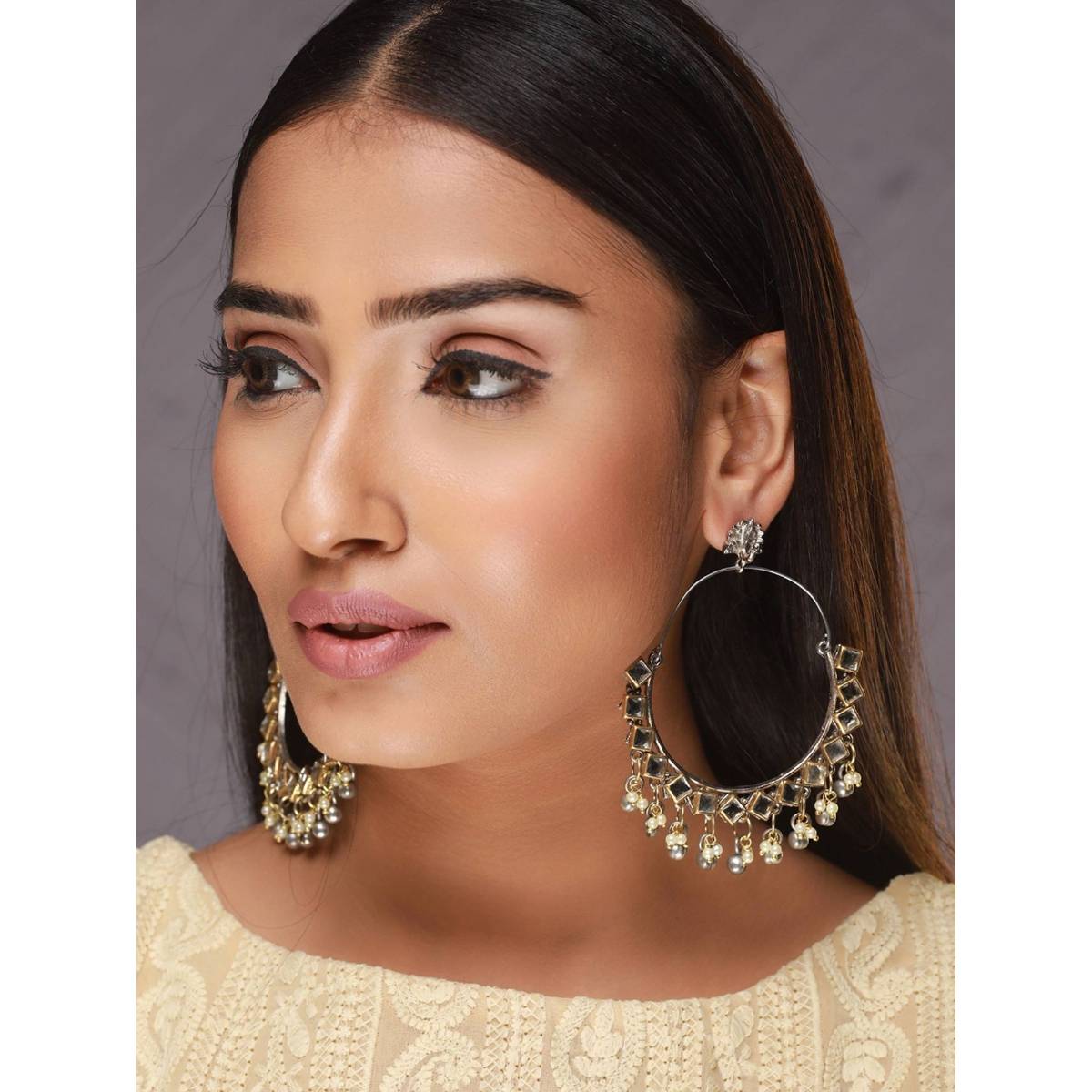 Aatmana Gold Plated Kundan Studded and Beaded Classic Chandbalis Earrings