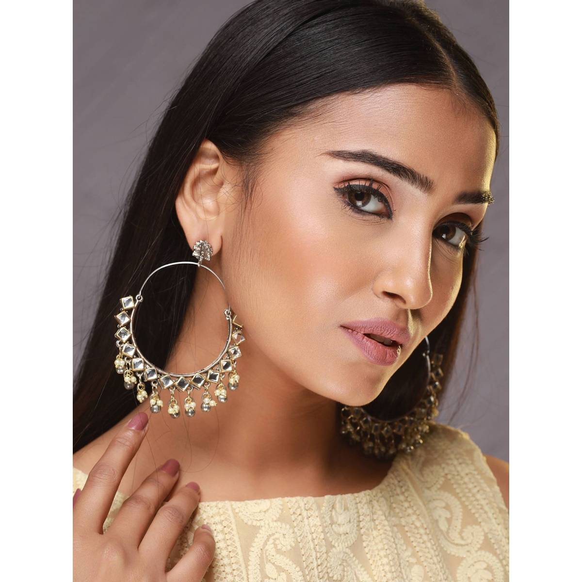 Aatmana Gold Plated Kundan Studded and Beaded Classic Chandbalis Earrings
