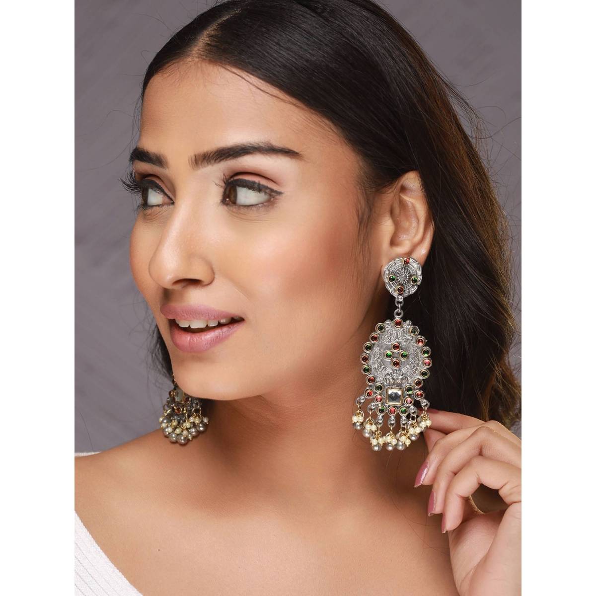 Aatmana Red and Green Kundan Studded and Beaded Dual Toned Chandbalis Earrings
