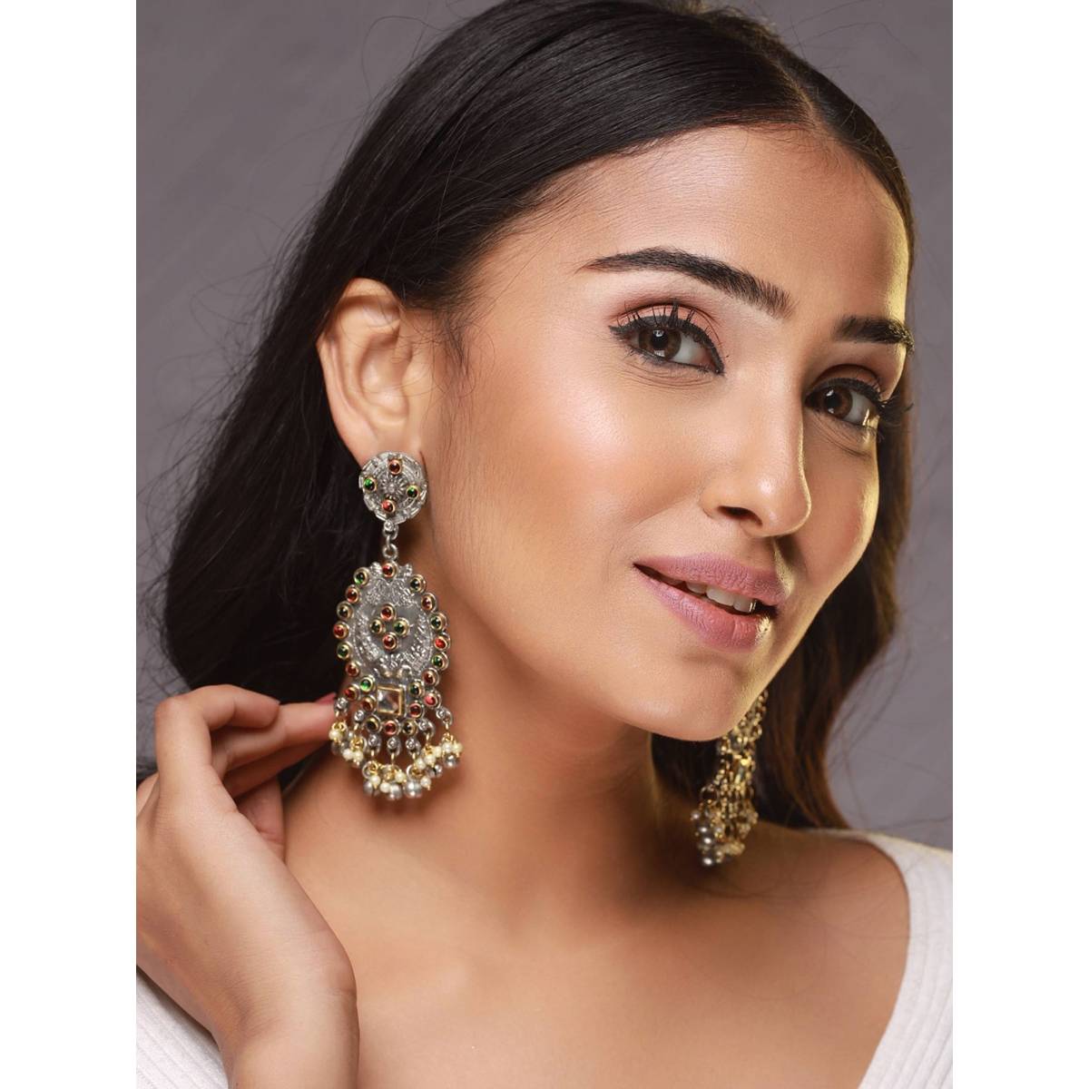 Aatmana Red and Green Kundan Studded and Beaded Dual Toned Chandbalis Earrings