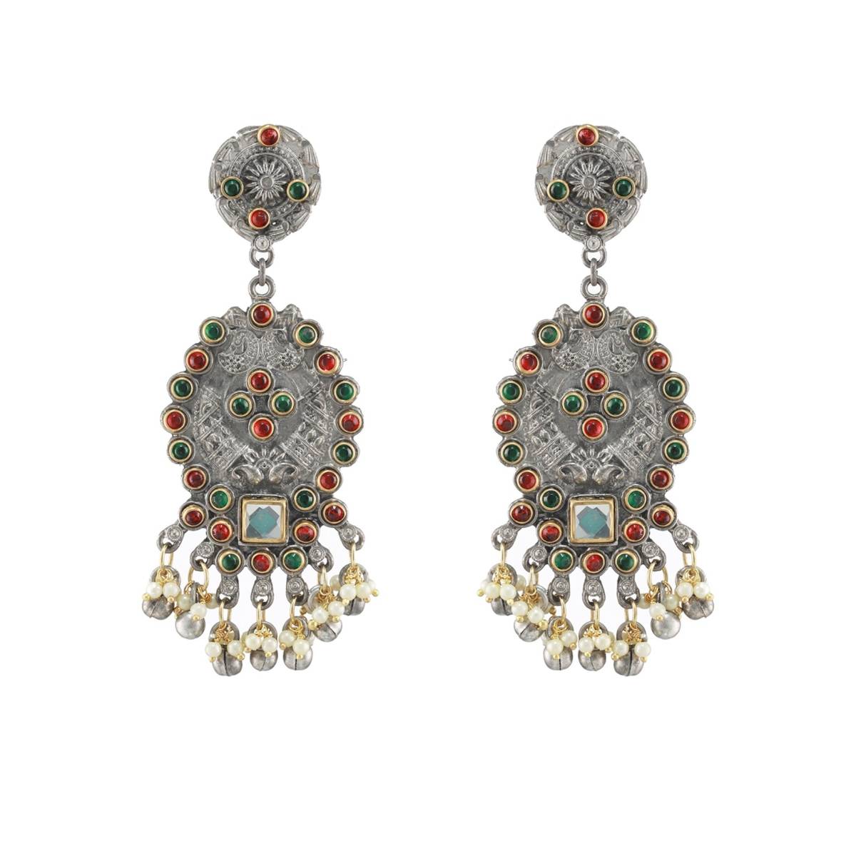 Aatmana Red and Green Kundan Studded and Beaded Dual Toned Chandbalis Earrings