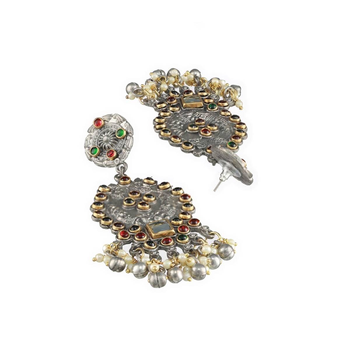 Aatmana Red and Green Kundan Studded and Beaded Dual Toned Chandbalis Earrings
