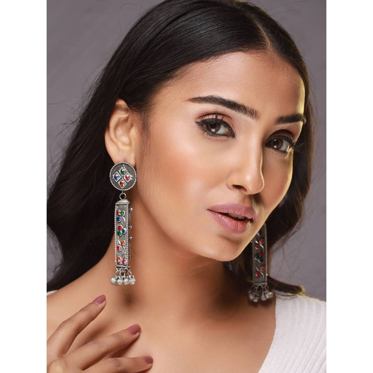 Aatmana Silver Toned Muti Color Stone Studded Ghungroo Drop Earrings · One Size